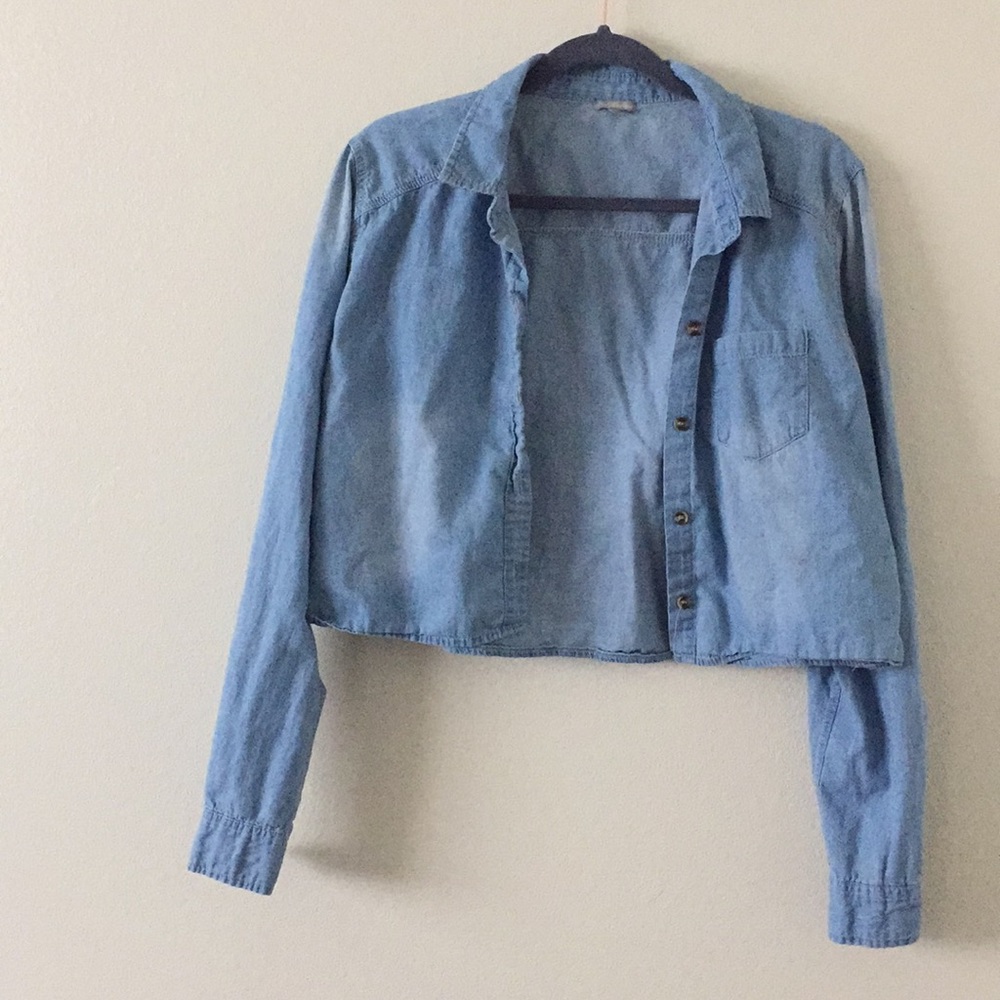 Faux denim cropped button-up